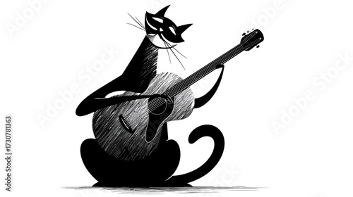 Stylized black cat playing an acoustic guitar with a cheerful, mischievous smile, whimsical animal musician cartoon illustration.