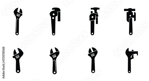 Collection of various black wrench icons displayed in a grid formation