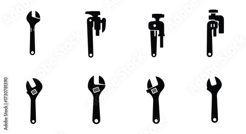 Collection of black silhouette tools including wrenches and plumbing fixtures