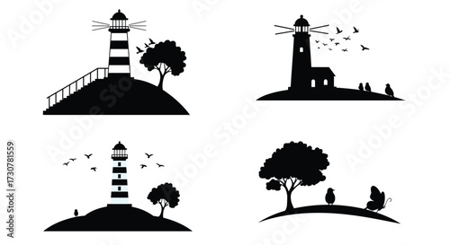 Black silhouette icons depicting coastal lighthouses and natural landscapes
