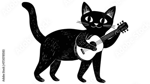 Playful black cat illustration strumming a tiny guitar or ukulele, whimsical cartoon animal musician on white background