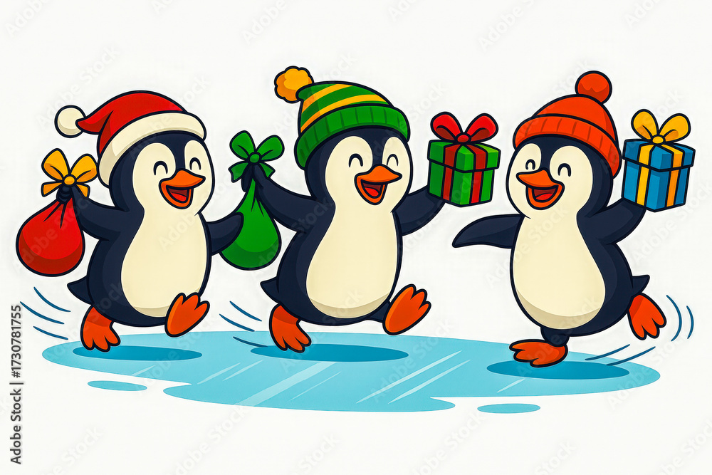 Fototapeta premium Horizontal vector illustration of three happy penguins wearing winter hats and carrying colorful Christmas gifts, running joyfully across the ice, symbolizing fun, new year celebration, winter joy
