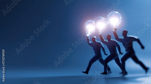 Teamwork and business success illustration, flat minimal icons, glowing futuristic digital background