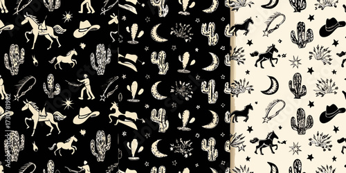 Whimsical western pattern with horses cacti moon and cowboy hats on black and cream backgrounds