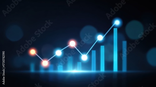 Business success concept, flat minimal icons, financial charts, abstract futuristic glowing background