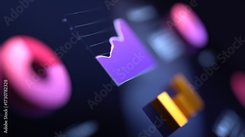 Business strategy illustration, flat minimal icons, charts, graphs, abstract futuristic glowing digital background