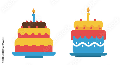 Two colorful tiered cakes with lit candles a delightful celebration image