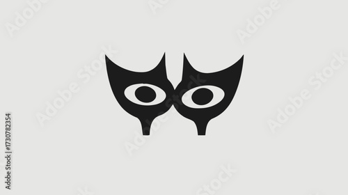 Minimalist abstract black graphic illustration of stylized eyes or a mysterious mask on a clean light grey background, concept of perception and identity.