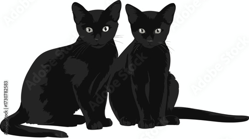Cute illustration of two elegant black cats sitting side by side. Adorable domestic felines with sleek dark fur, pet companions.