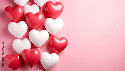 Heart-shaped balloons arranged on a pastel pink background