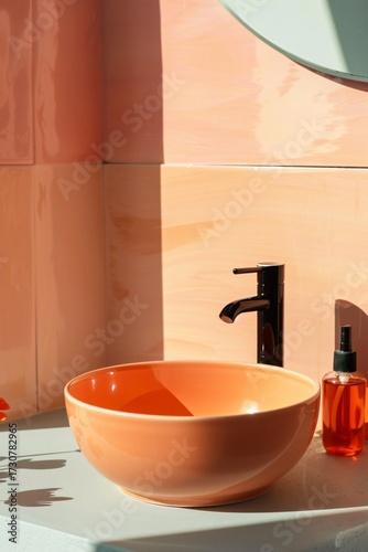 Contemporary Bathroom Interior Featuring Orange Bowl and Black Faucet Accentuated by Soft Natural Light