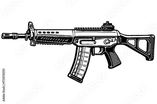 A detailed vector illustration of a modern assault rifle with a tactical rail system. Ideal for military, security, or tactical gear themes in graphic design and apparel.