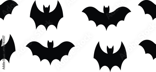 "Black bat silhouettes flying isolated on white background for Halloween, spooky decorations, gothic design, nocturnal animal themed vector art."