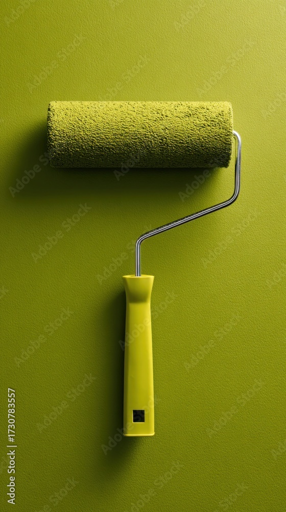 Obraz premium Medium shot of a green paint roller gliding vertically across a vibrant green wall, showcasing the painting process and texture of the surface in a home improvement setting