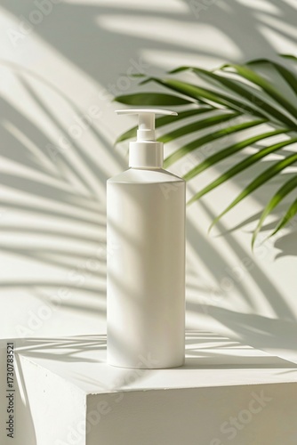 Minimalist White Cosmetic Bottle Displayed on a Clean Surface with Tropical Green Leaves and Soft Shadows in Natural Light