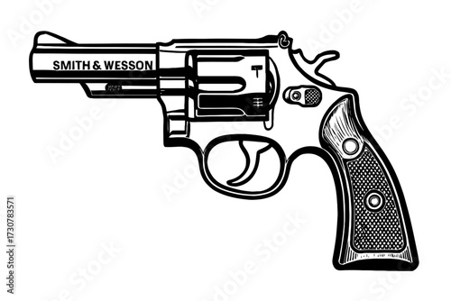 An eye-catching vector illustration of a Smith & Wesson revolver in a vintage engraving style. Ideal for use in logos, apparel, or themed graphic designs.