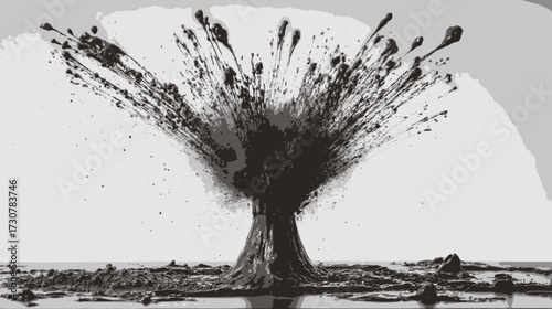Dramatic black liquid eruption in a powerful geyser, creating a forceful splash and abstract explosion of viscous fluid, environmental impact concept.