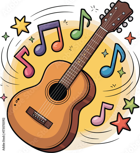 Acoustic wood guitar and electric bass with music notes illustrate rock and jazz sound