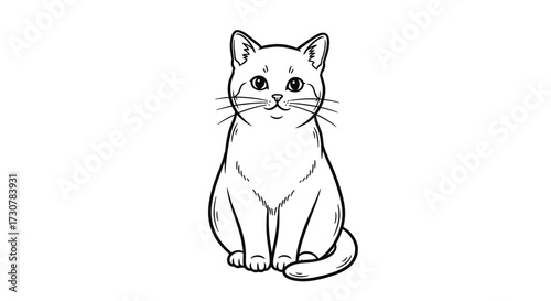 A simple line drawing of a cat sitting upright, looking forward with a curled tail.
