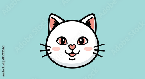 Cartoon illustration of a white cat's head with pink inner ears, cheeks and nose, against a light blue background.