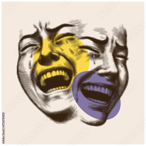 Modern pop art halftone illustration of faces with dual emotions of laughing and crying. Abstract vector graphic with colorful shapes for posters and design.