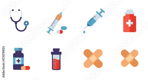 Medical equipment and supplies illustration with syringes pills and bandages