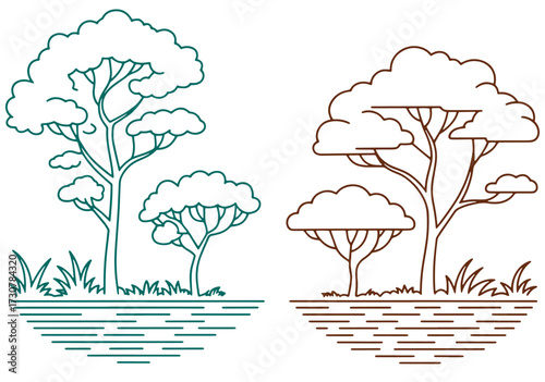 Clean architectural style CAD tree line drawing, minimal black and white side view outline of wetland forest section. Simple vector illustration with separate elements, suitable for landscape design, 
