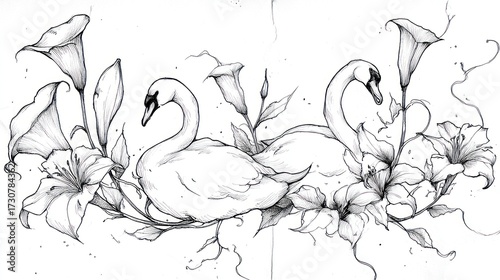 Fototapeta Naklejka Na Ścianę i Meble -  Elegant swans floral design