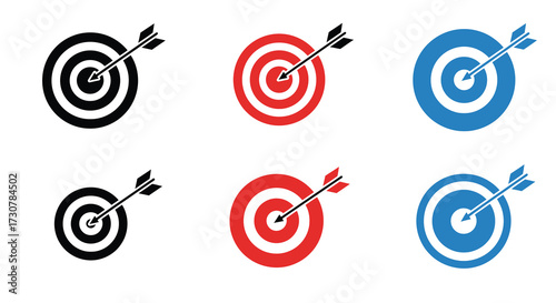 Colorful target practice with arrows hitting the bullseye isolated vector illustration