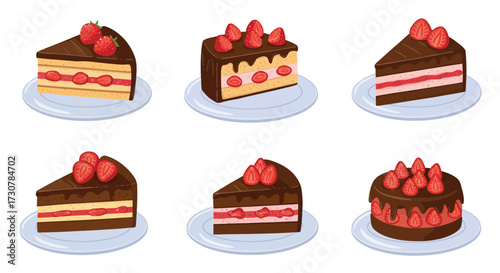Delicious strawberry shortcake slices and whole cakes on white plates