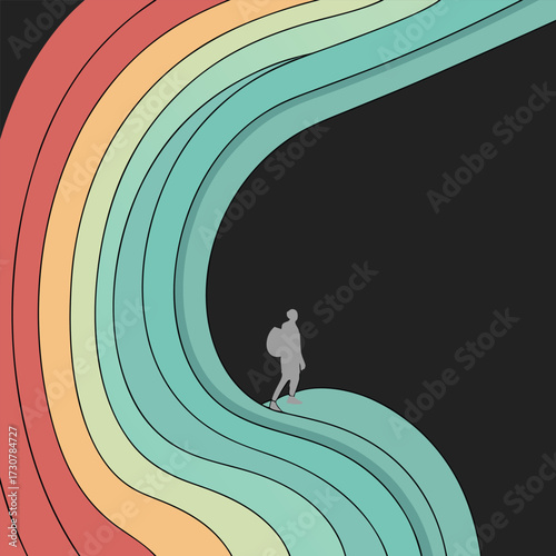 Abstract retro wave art with a lone traveler silhouette walking on colorful curved lines. Minimal design in vintage gradient tones. Modern creative illustration for posters and prints.