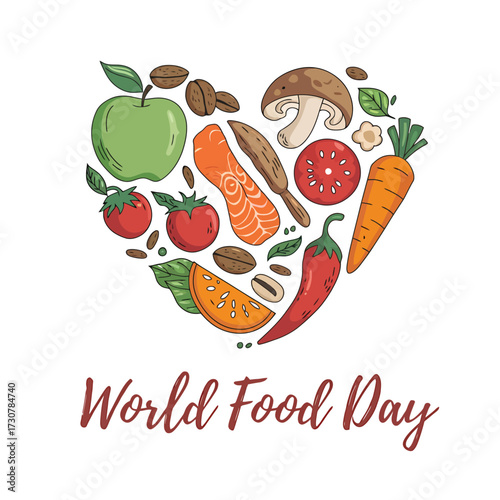 Vector art of heart shape composed of various fresh food items like fruits, vegetables, and fish, symbolizing love for food on world food day