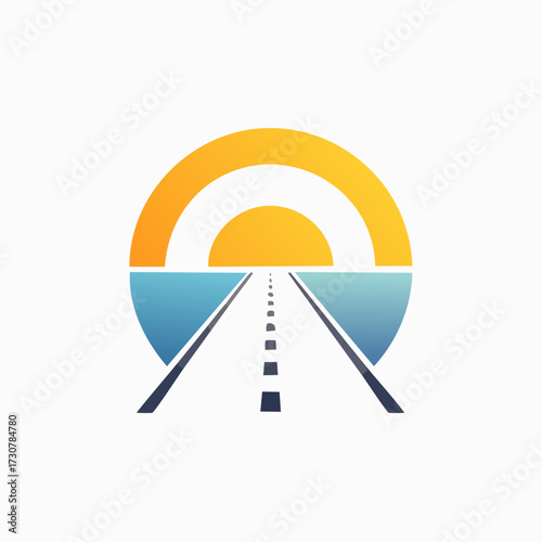 Minimalist design showcasing a road leading towards a stylized sun and ocean scene