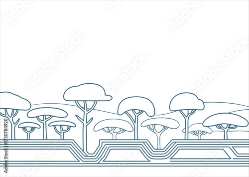 Clean architectural style CAD tree line drawing, minimal black and white side view outline of wetland forest section. Simple vector illustration with separate elements, suitable for landscape 