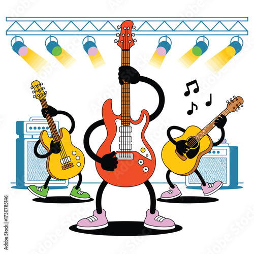 Stringed musical instrument: acoustic and electric guitar illustrations for rock, jazz, and blues band musicians