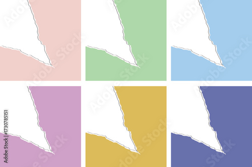 Colorful torn paper edge background set in pastel shades with creative texture. Modern ripped paper collage design for posters, banners, and digital projects. Abstract minimal template style.