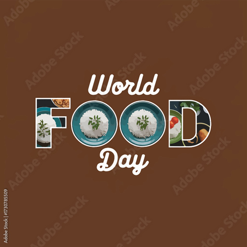 Vector art of world food day concept with plates of rice integrated into the text, highlighting staple food and global food security