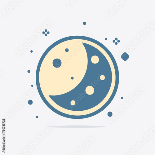 Stylized illustration of a celestial body, showing moon phases and night sky elements