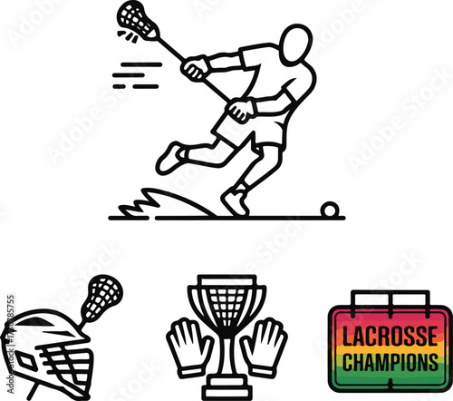 Lacrosse Training & Action Vector Icons – Player Dodging, Passing, Shooting, Catching, Helmet, Gloves, Trophy, and Scoreboard Collection