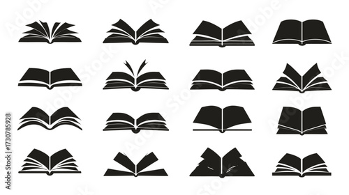 Set of Black Open Book Icons. Collection of various book silhouettes symbolizing reading, education, learning, library, and knowledge.