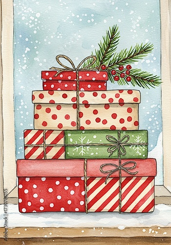Colorful Stack Of Christmas Gift Boxes With Ribbons And Pine Branches In Snowy Window