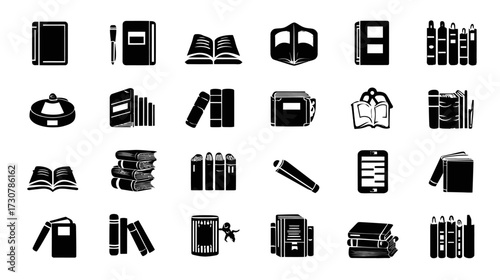 Book icons collection: diverse vector symbols for education, library, reading, knowledge, and literature. Flat black illustrations.