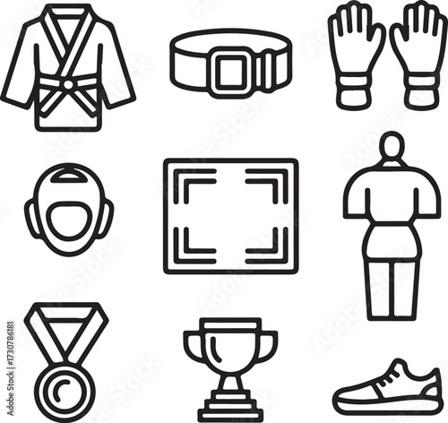 Martial Arts Essentials Outline Icons Set – Gi Uniform, Belt, Gloves, Headgear, Mat, Training Dummy, Medal, Trophy, and Footwear