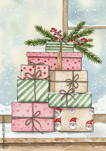 Colorful Stack Of Christmas Gift Boxes With Ribbons And Pine Branches In Snowy Window