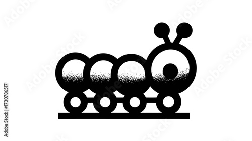 Simple black and white stylized caterpillar illustration, a cute insect larva graphic design with a minimalist aesthetic and creative appeal.