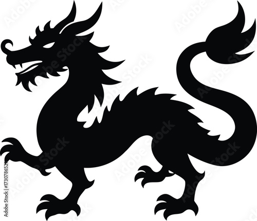 Chinese Dragon Full Body Silhouette Vector Art Illustration
