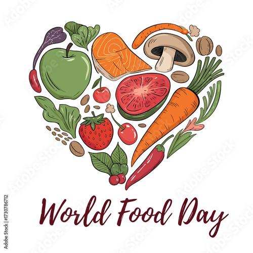 Vector art of heart shape made of fresh food ingredients for world food day, symbolizing love for healthy eating and nutritious meals