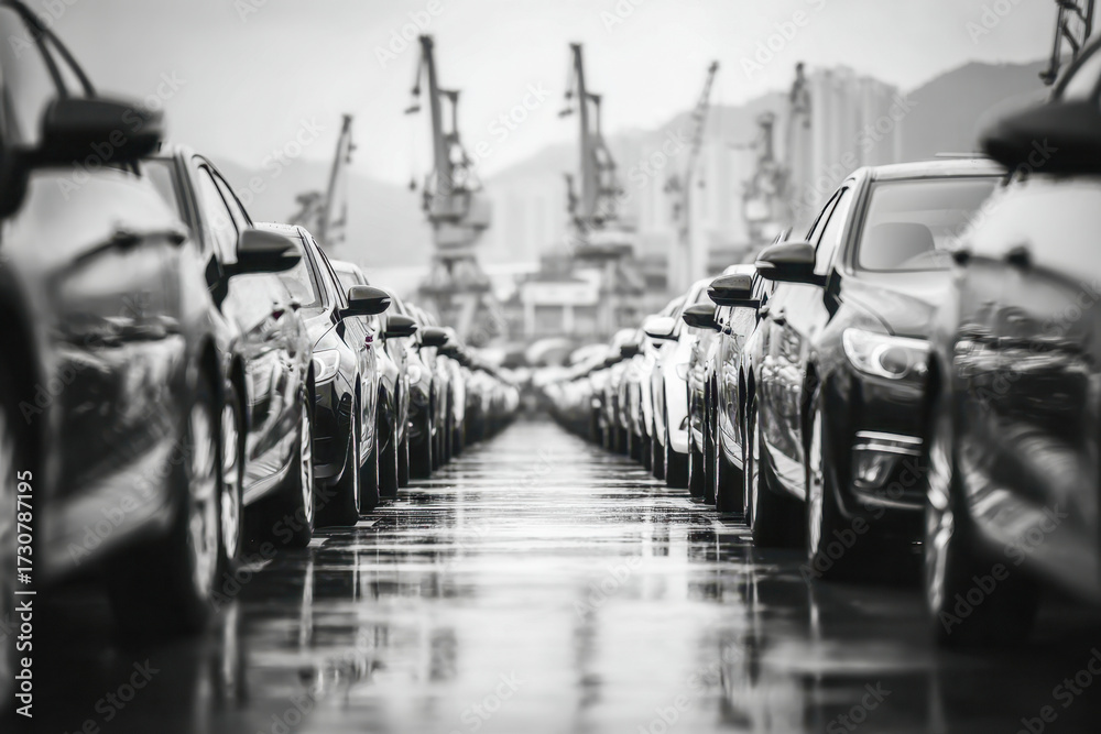 Obraz premium Rows of parked new cars lined up at a shipping port with industrial cranes and misty mountains in the background on a rainy day in monochrome style