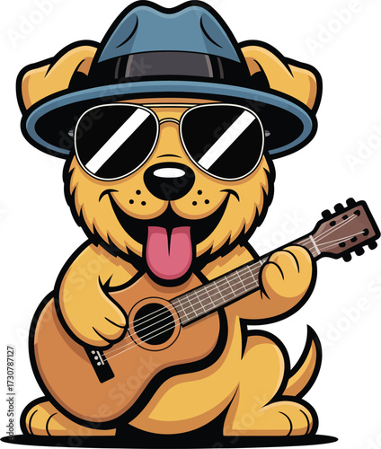A funny vector cartoon of a cowboy character with a guitar and a hat playing western music