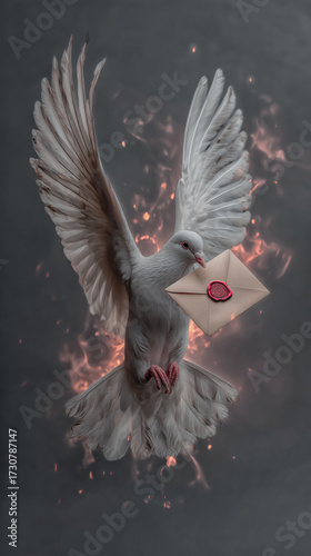White dove about to land carrying a big letter with red old seal.